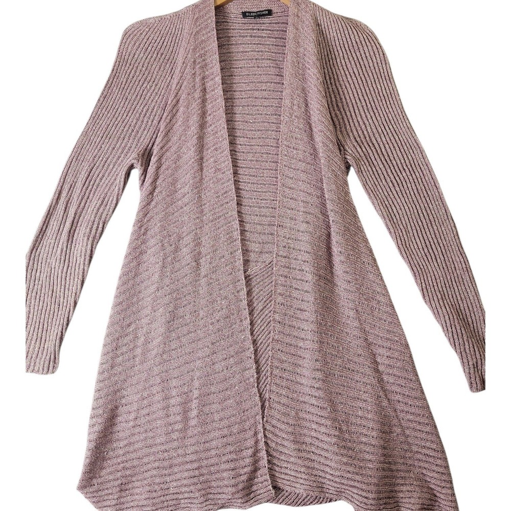 Eileen Fisher Linen Blend Open Front Long Cardigan Sweater Large Pink Mauve